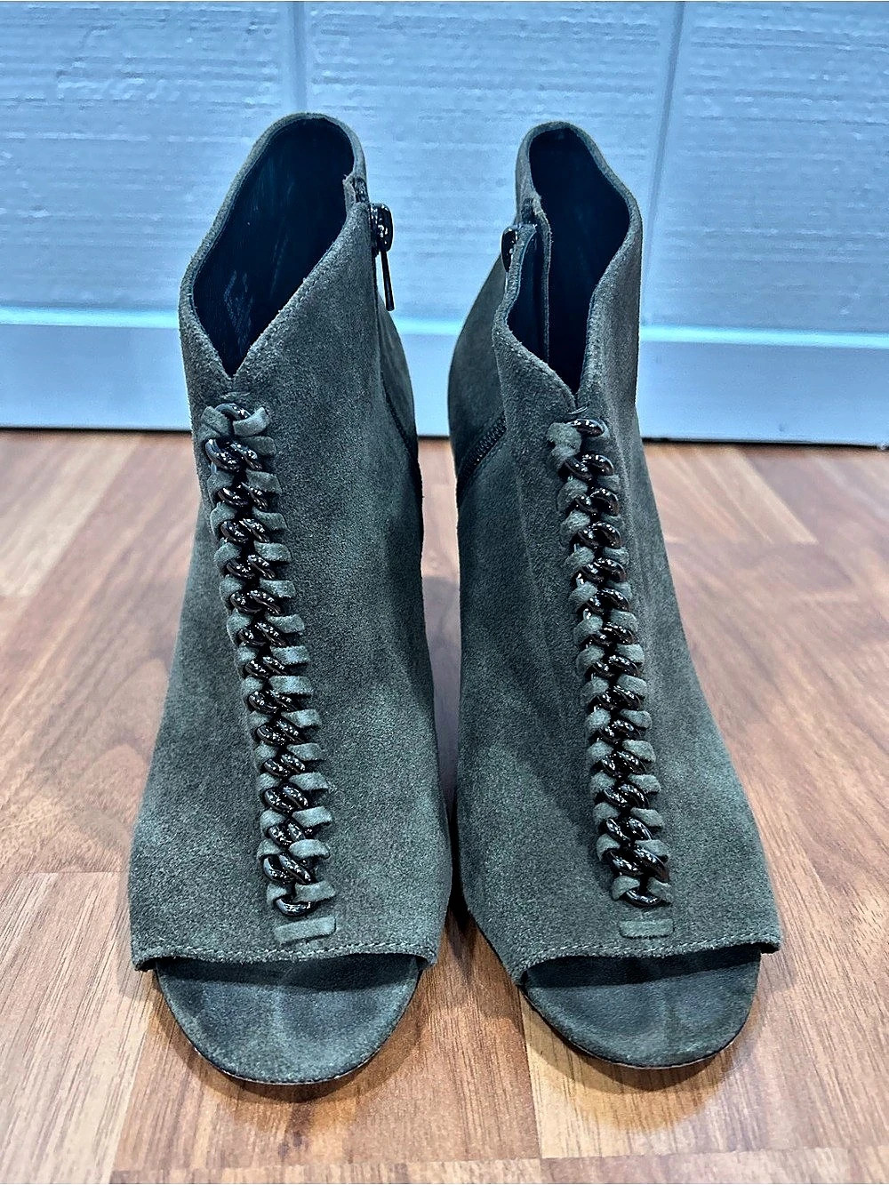 Coach Peep Toe Chain Heeled Booties Green US 10